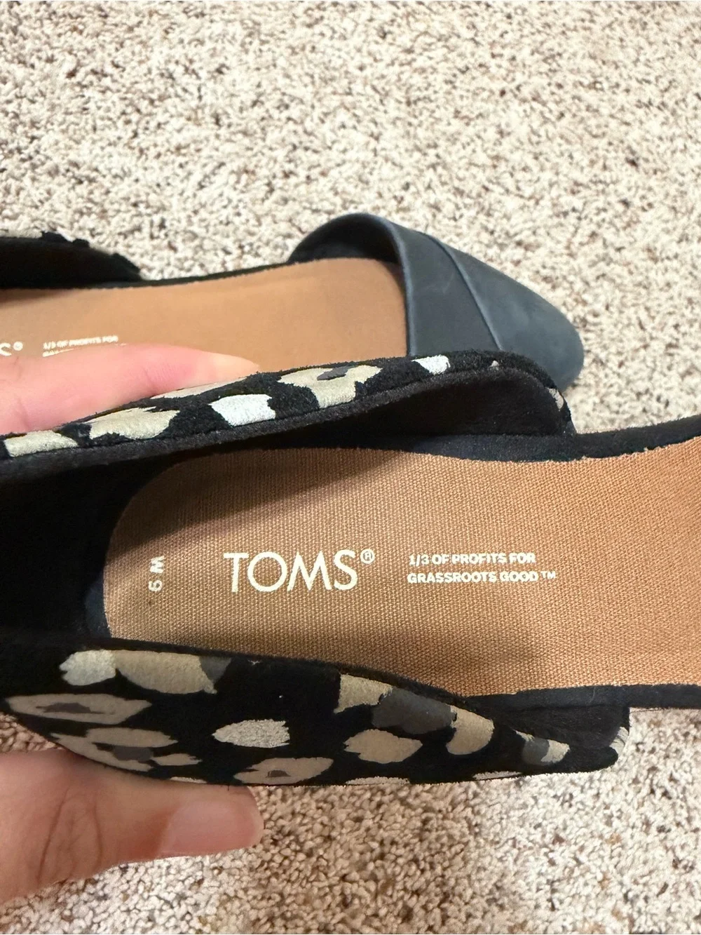 TOMS Black Flats with Black & White Leopard Heel Accent